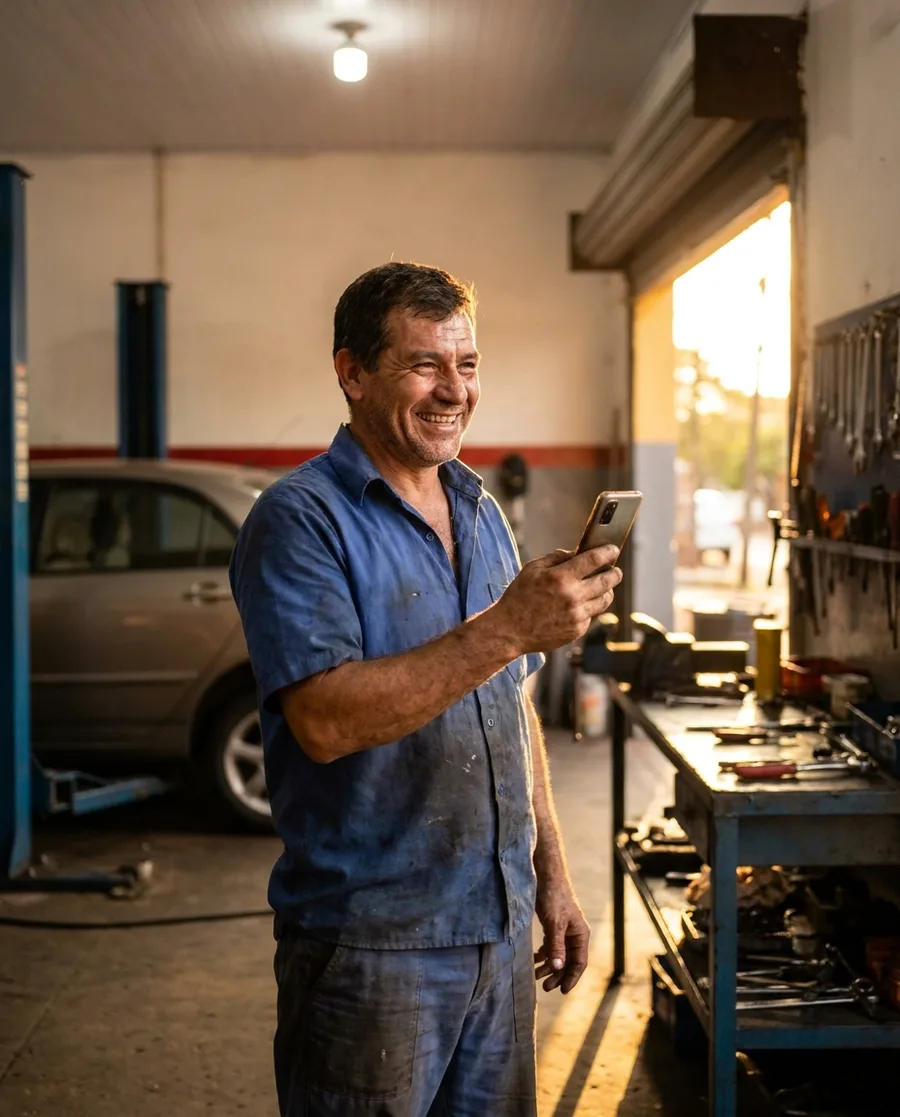 Dueño de un taller mecánico en Asunción mirando su celular