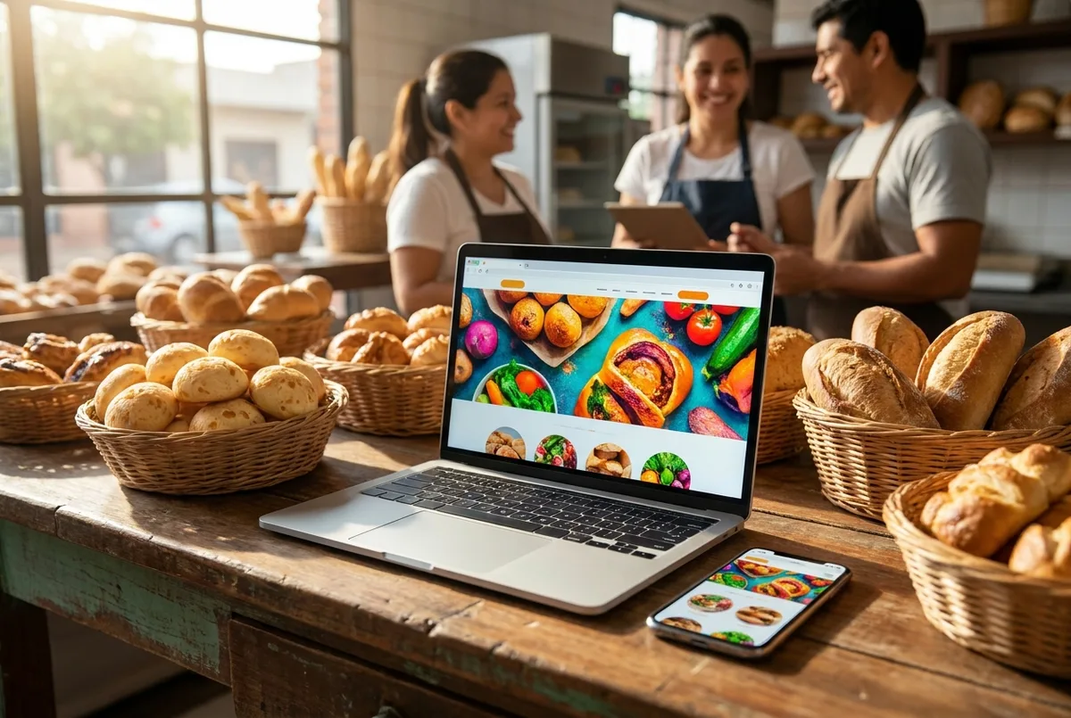 Sitio web de una panadería visto en un celular y una notebook